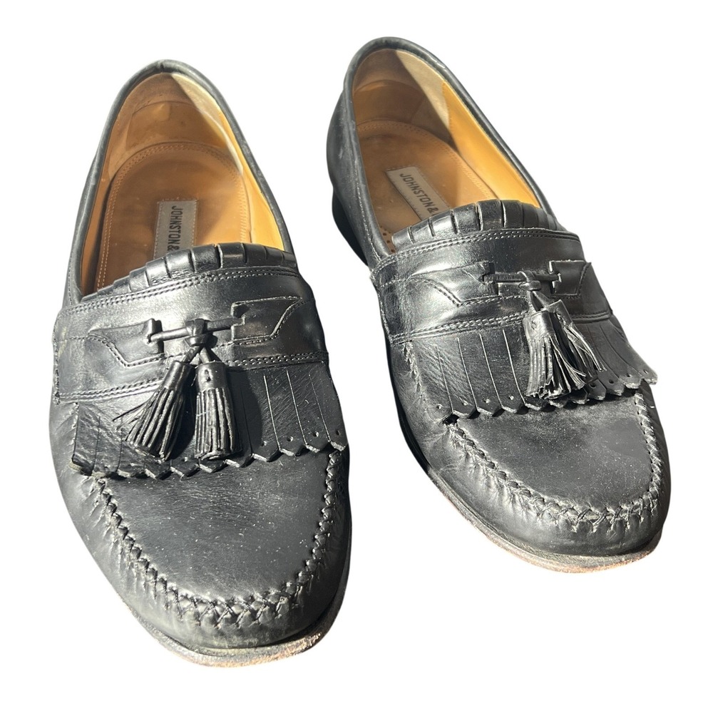 Johnston & Murphy Mens 9W Black Leather Kiltie Tassel Loafers Slip On Dress